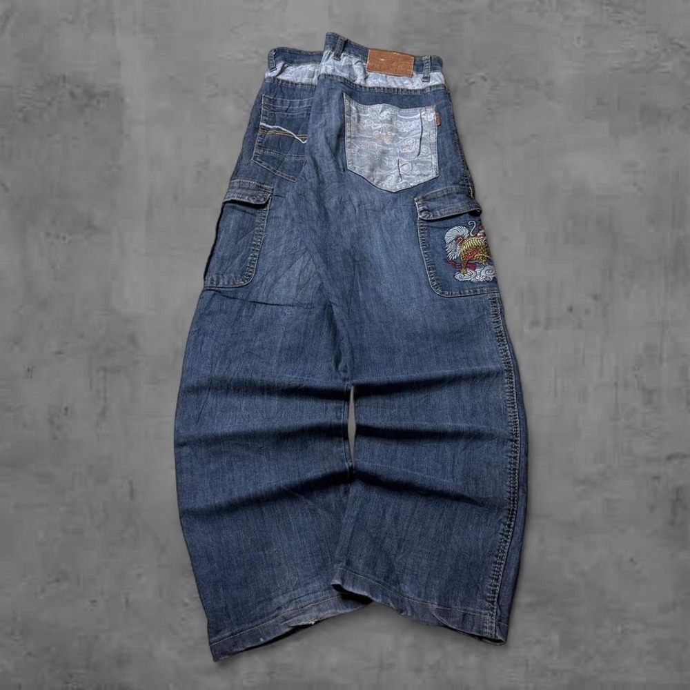 Y2K Vintage Baggy Dragon Embroidered Cargo Dark Wash Wide Leg Denim Jeans